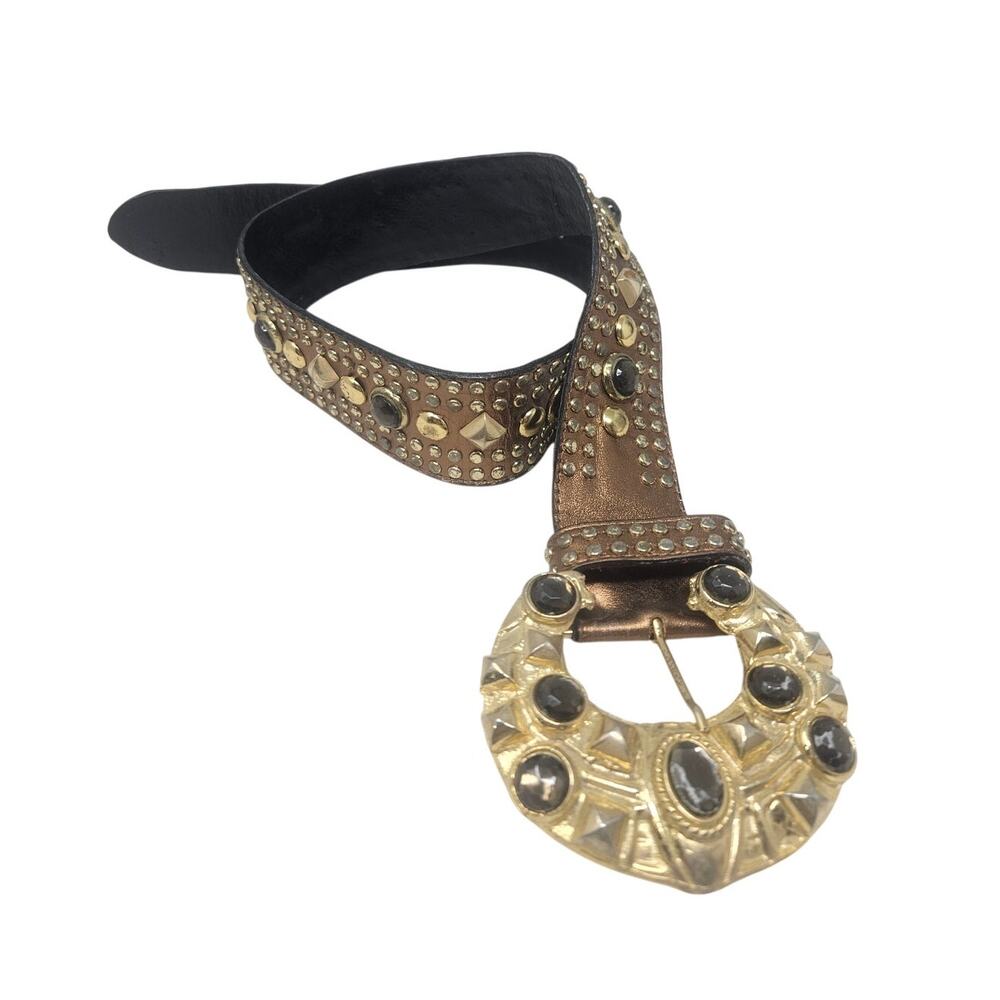 Vintage 90s Cache M Bronze Metallic Studded Stone Glam Avant Garde Belt Leather